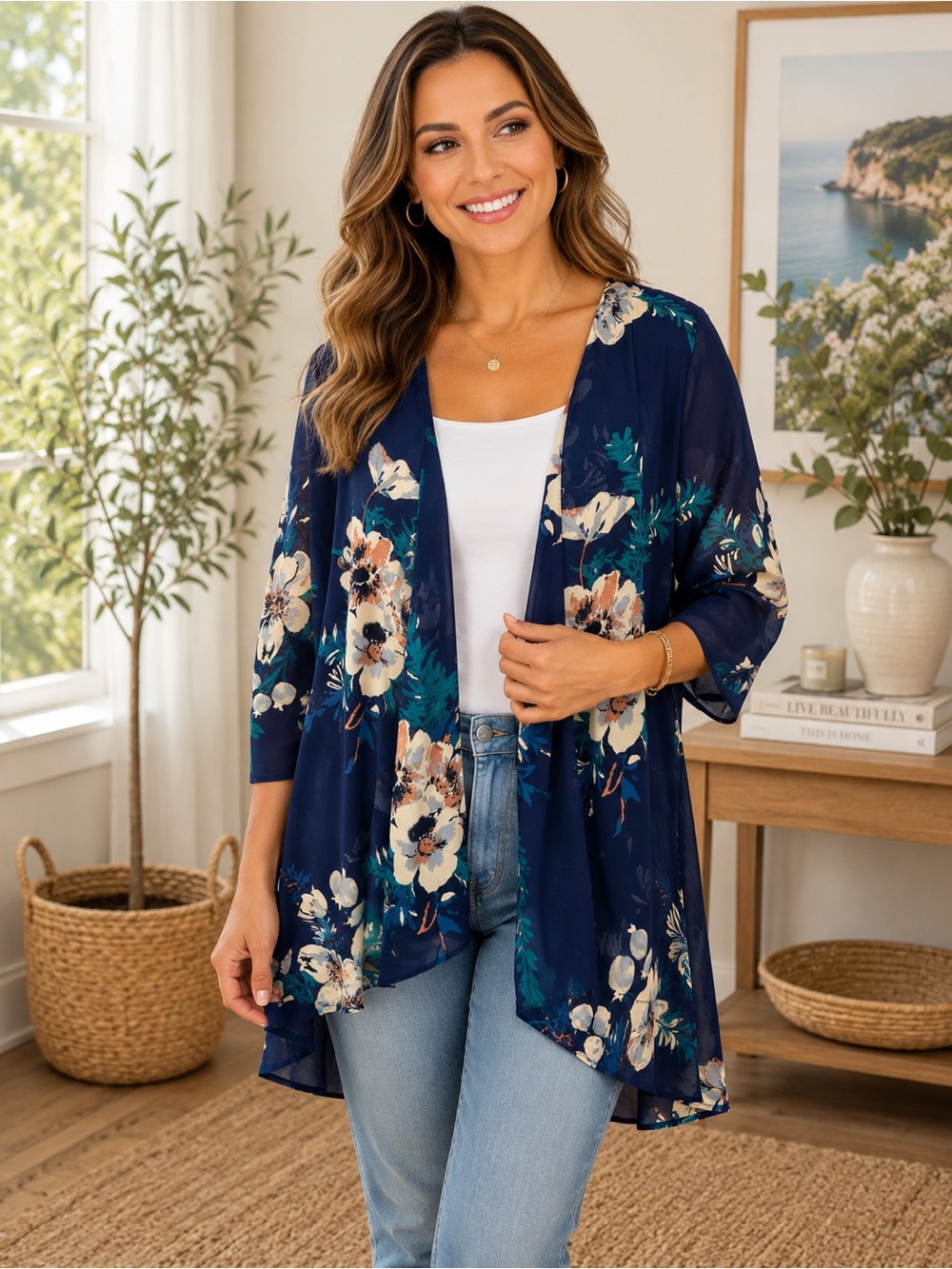 218) Kai Navy Floral Sheer Kimono | Open Front Boho Chiffon Cardigan
